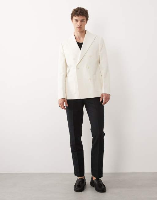 ASOS DESIGN mix & match linen rich slim double breasted suit jacket in cream, 2 of 9