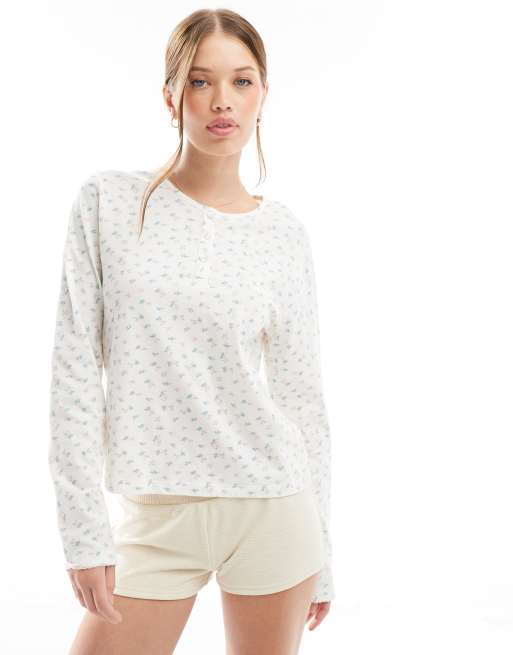 ASOS DESIGN mix & match long sleeve henley pajama top in floral print with scrunchie