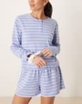 [ASOS DESIGN] ASOS DESIGN Mix & Match long sleeve henley pyjama top in blue stripe with ditsy scrunchie S Blue Stripe