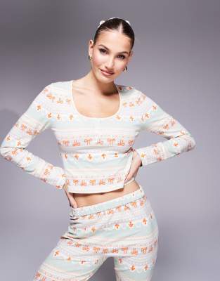 mix & match long sleeve pajama top in fairisle print with scrunchie-Multi