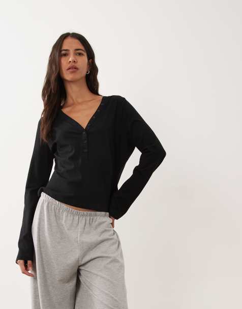 ASOS DESIGN mix & match long sleeve plunge henley in black - view 1