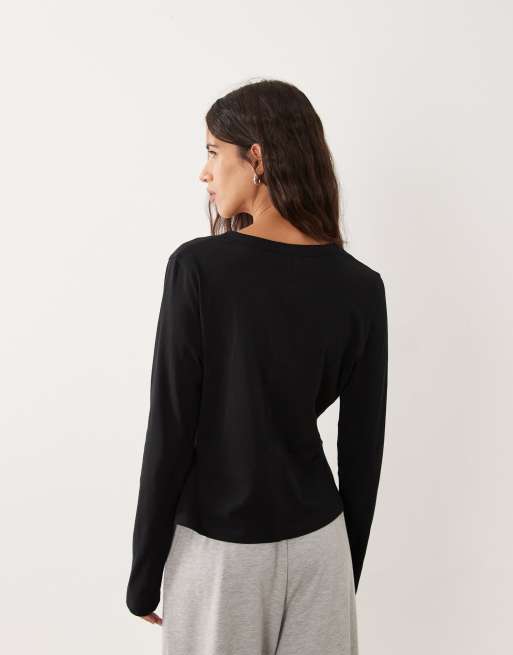 ASOS DESIGN mix & match long sleeve plunge henley in black, 4 of 4