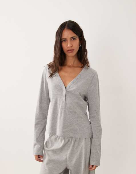 ASOS DESIGN mix & match long sleeve plunge henley in grey marl - view 1