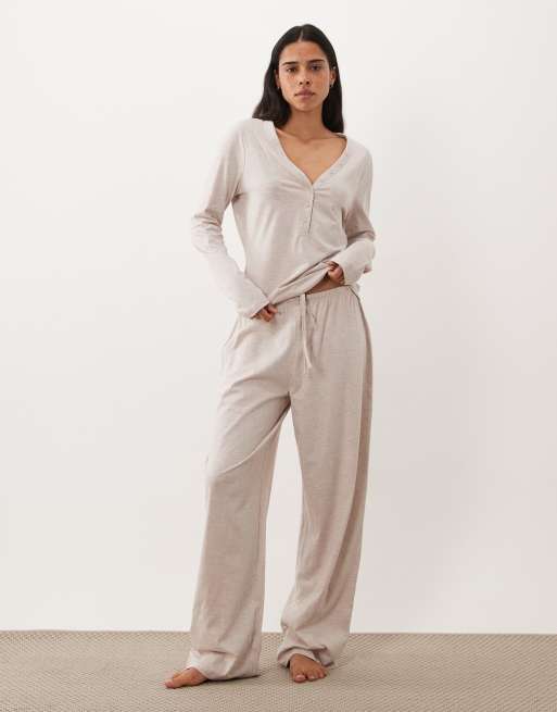 ASOS DESIGN mix & match long sleeve plunge henley in oatmeal marl, 2 of 4