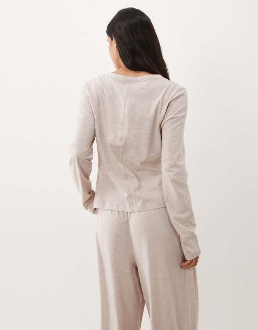 ASOS DESIGN mix & match long sleeve plunge henley in oatmeal marl, 4 of 4