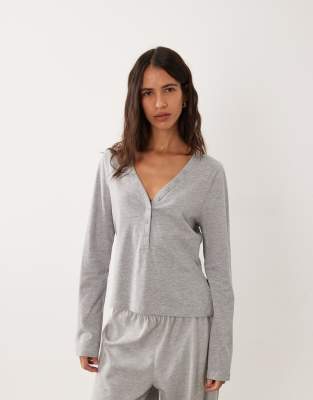 Asos Design Mix & Match Long Sleeve Plunge Henley Neck Pajama Top In Gray