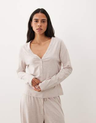 Asos Design Mix & Match Long Sleeve Plunge Henley Pajama Top In Neutral