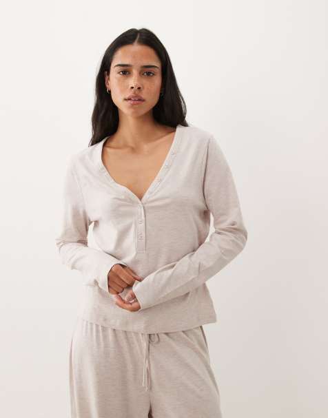 ASOS DESIGN mix & match long sleeve plunge henley pyjama top in oatmeal marl - view 1