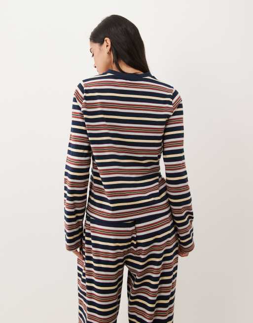 ASOS DESIGN mix & match long sleeve pyjama top in blue and brown stripe, 3 of 4
