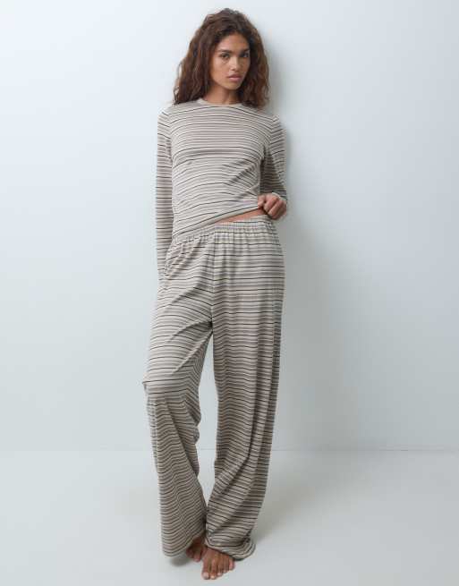 ASOS DESIGN mix & match long sleeve pyjama top in neutral stripe, 2 of 4