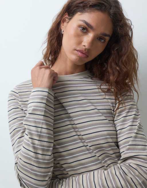 ASOS DESIGN mix & match long sleeve pyjama top in neutral stripe, 3 of 4