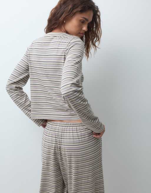 ASOS DESIGN mix & match long sleeve pyjama top in neutral stripe, 4 of 4