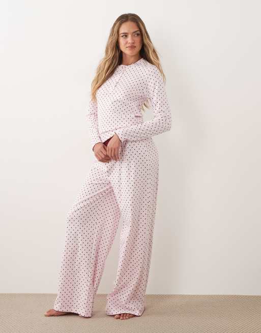 ASOS DESIGN mix & match longsleeve henley pyjama top in pink & burgundy spot, 3 of 4