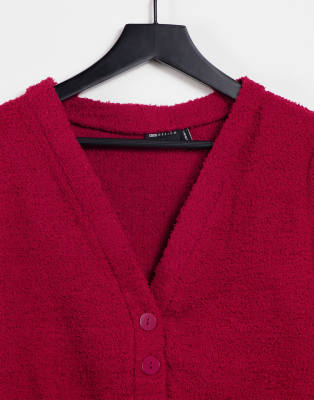 red fluffy cardigan
