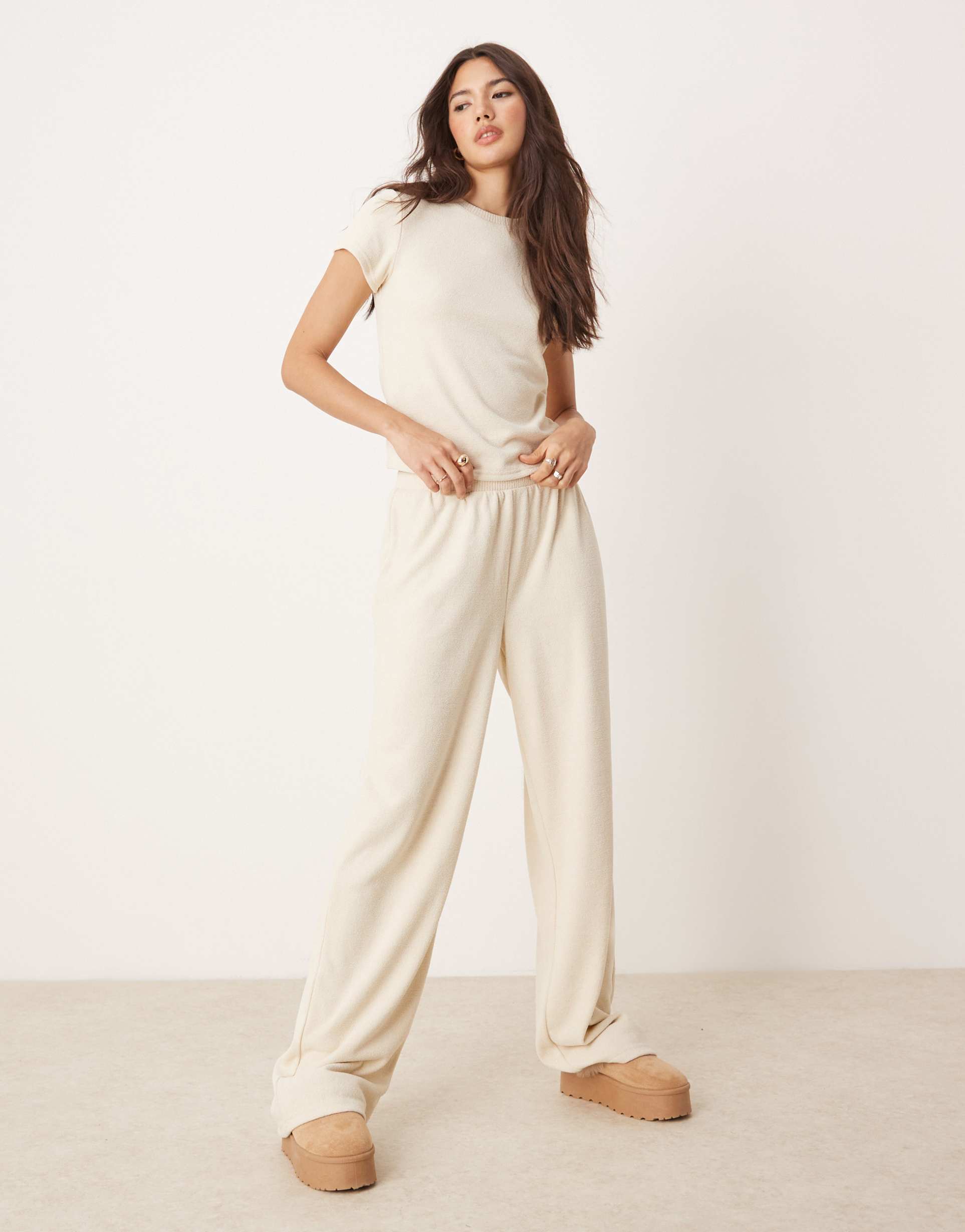 asos design mix & match lounge fluffy sock wide leg pants in cream