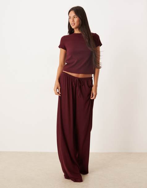 ASOS DESIGN Mix & Match lounge rib wide leg pants in burgundy - view 1