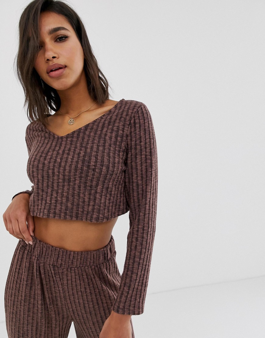 ASOS DESIGN mix & match lounge slouchy v neck long sleeve top-Brown