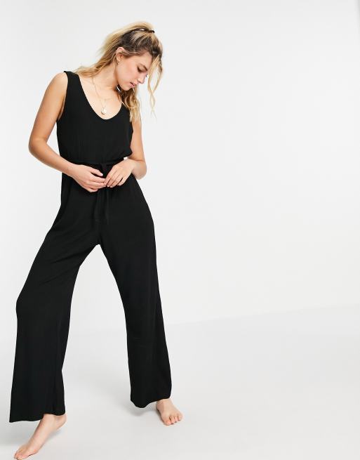 ASOS DESIGN mix & match lounge super soft rib jumpsuit with waist tie in  black