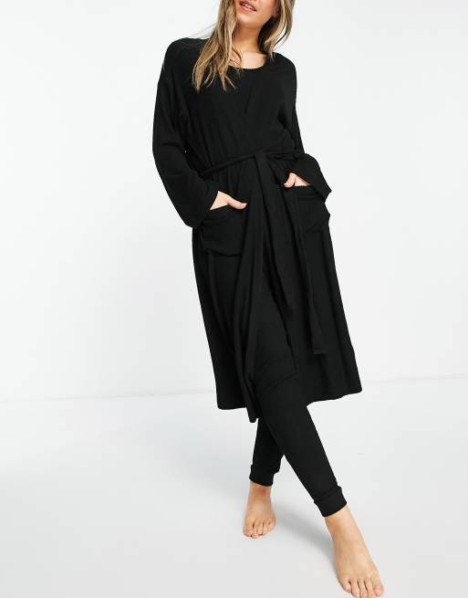 ASOS DESIGN mix & match lounge super soft rib midi robe in black