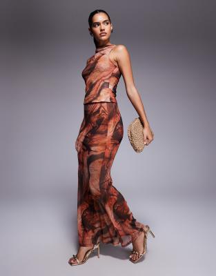 ASOS DESIGN - Mix & Match - Meerjungfrauen-Maxirock aus transparentem Netzstoff in Orange mit abstraktem Muster-Bunt