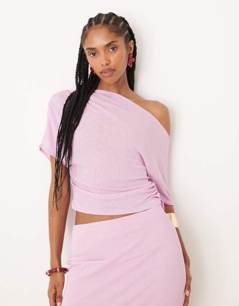 ASOS DESIGN mix & match mesh semi sheer ruched off shoulder top in lilac - view 1