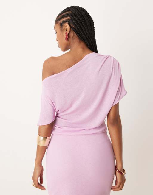 ASOS DESIGN Mix & Match mesh semi sheer ruched off shoulder top in lilac