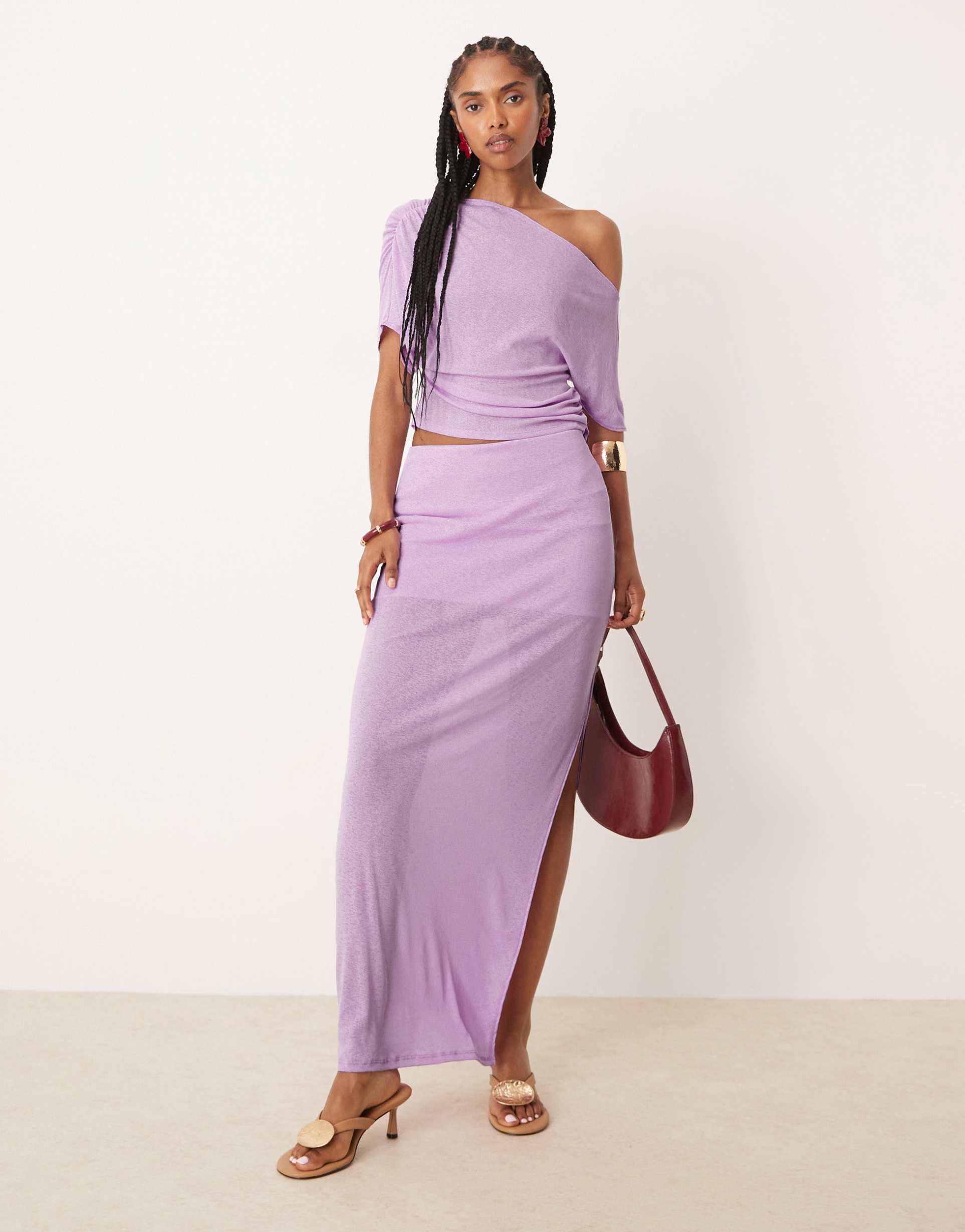 asos design mix & match mesh semi sheer side slit maxi skirt in lilac