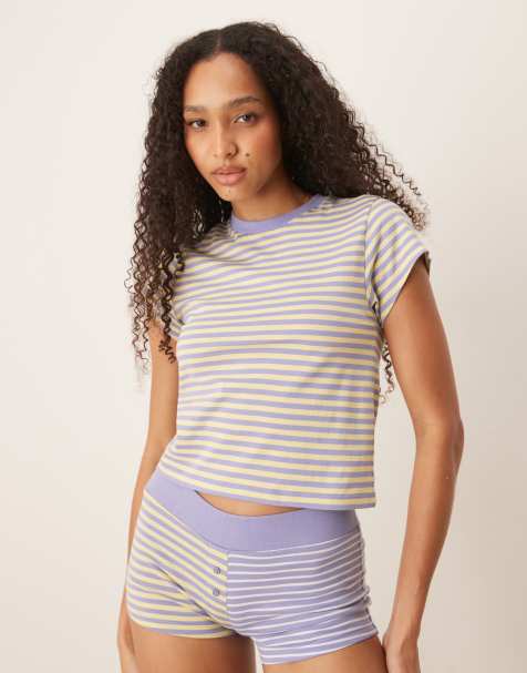 ASOS DESIGN mix & match mixed stripes baby tee in purple and yellow - view 1