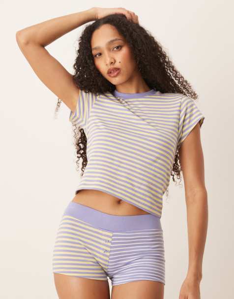 ASOS DESIGN mix & match mixed stripes boxer pajama shorts in purple and yellow - view 1