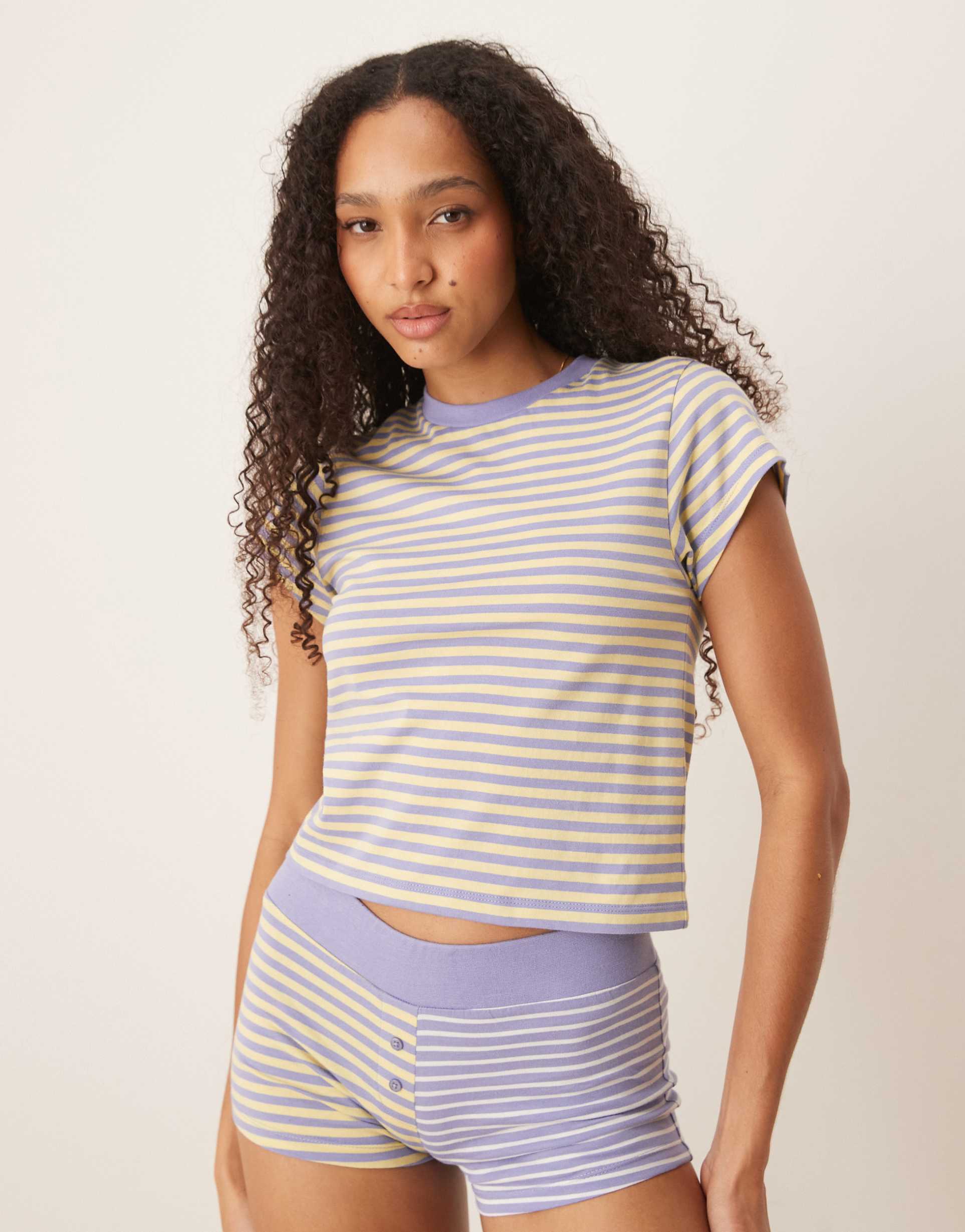asos design mix & match mixed stripes pajama baby tee in purple and yellow