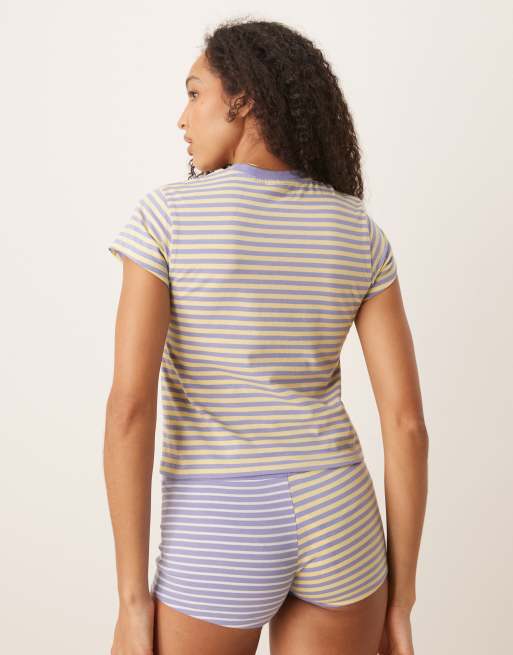 ASOS DESIGN mix & match mixed stripes pajama baby tee in purple and yellow, 3 of 4