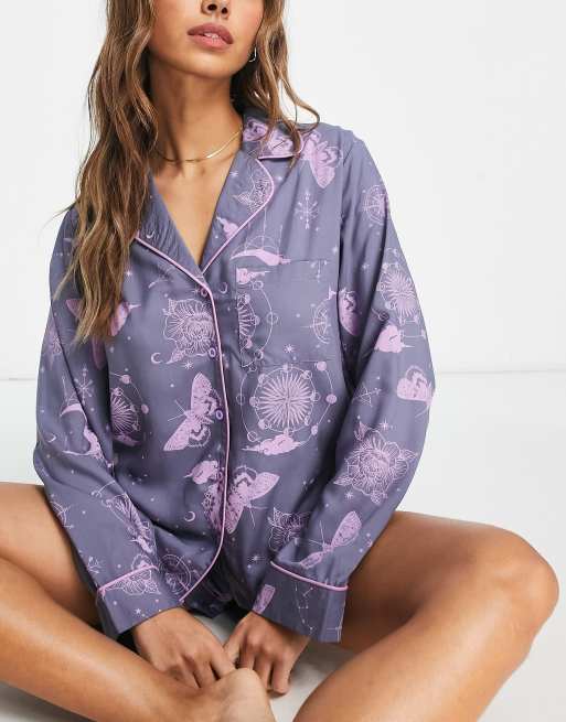 ASOS Design Mix & Match Satin Dogtooth Jacquard Pajama Shirt in lilac-Purple