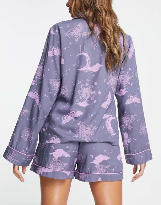 ASOS Design Mix & Match Satin Dogtooth Jacquard Pajama Shirt in lilac-Purple