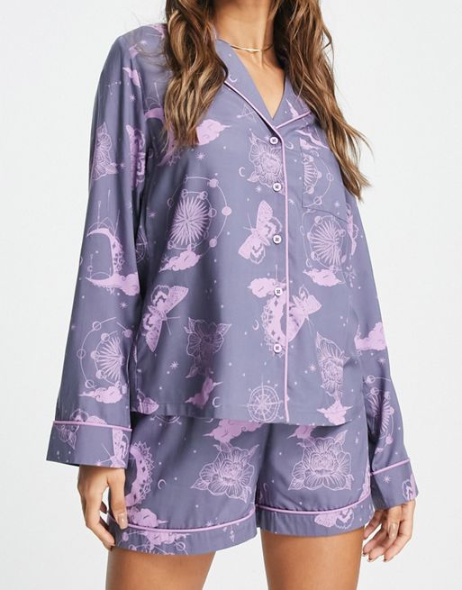 ASOS Mix & Match Satin Dogtooth Jacquard Pajama Shirt in Purple