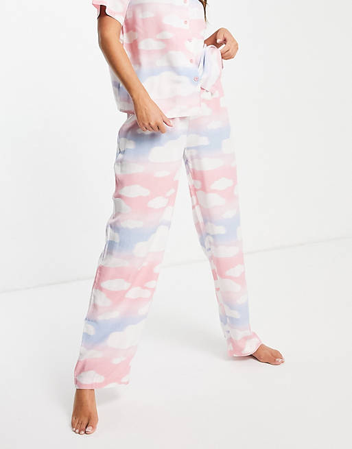  mix & match modal cloud pyjama trouser in pink blue & white 