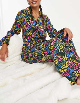 ASOS DESIGN mix & match modal ditsy floral pyjama shirt in black
