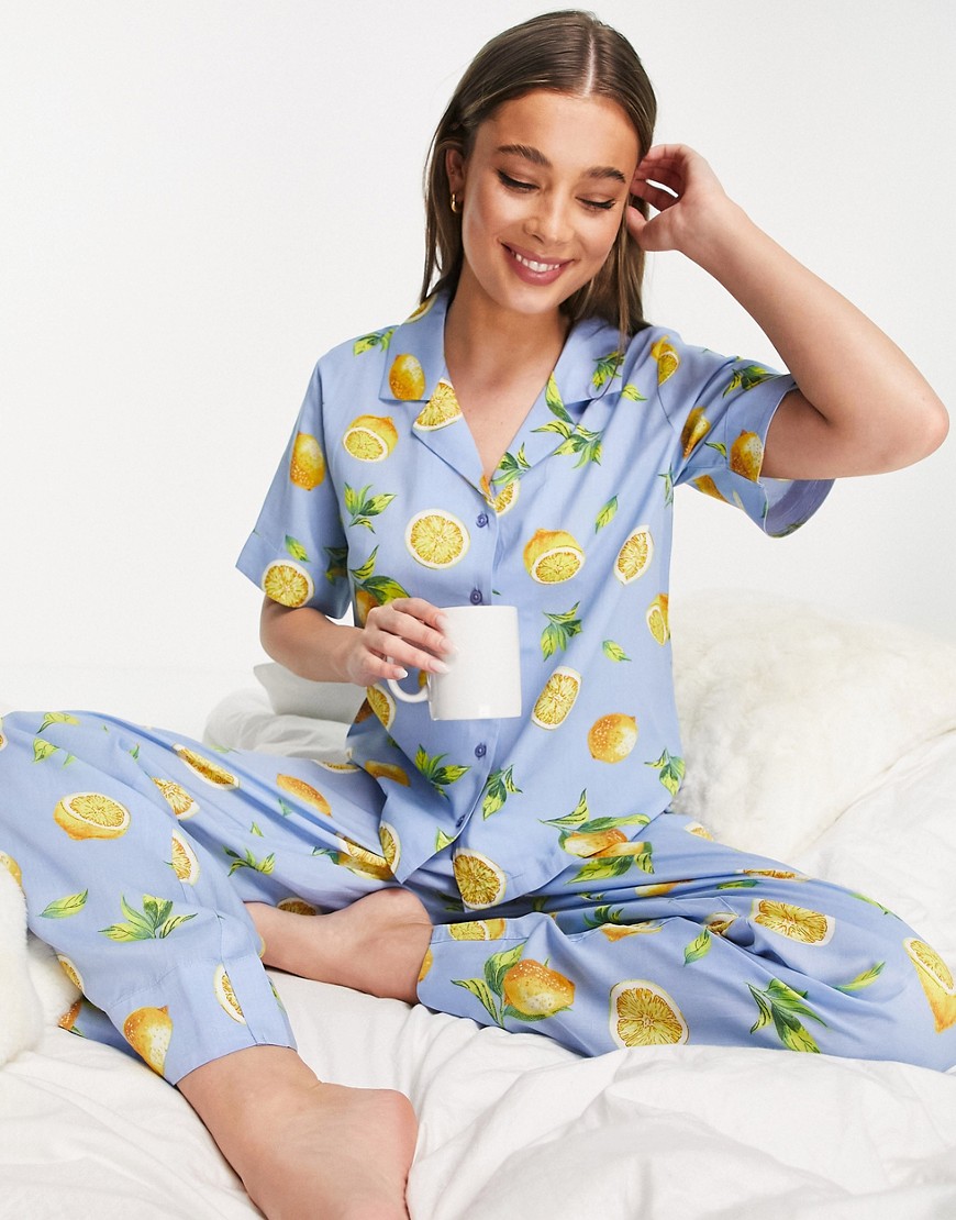 ASOS DESIGN mix & match modal fruit pajama shirt in blue-Green