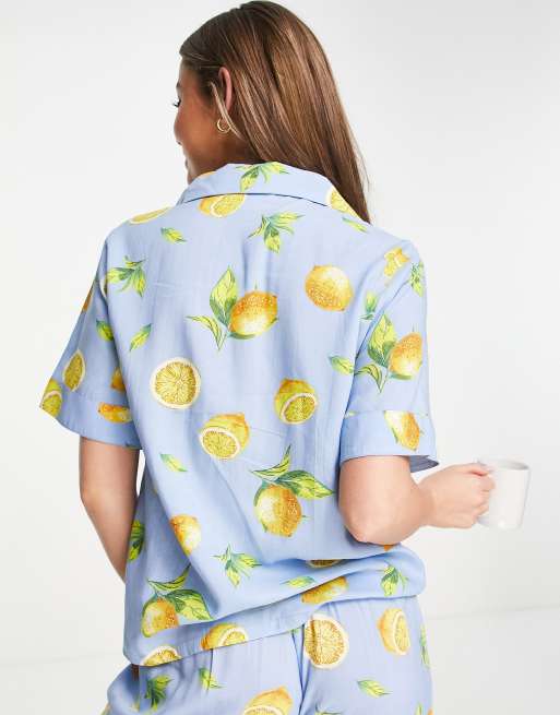 ASOS DESIGN mix & match modal fruit pajama shirt in blue