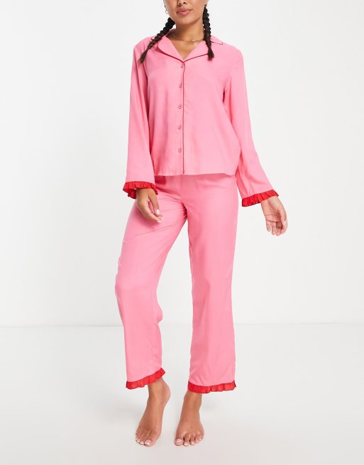 ASOS DESIGN mix match modal pajama set with contrast frill in