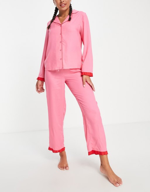 ASOS DESIGN mix & match modal pyjama pants with contrast frill in pink & red
