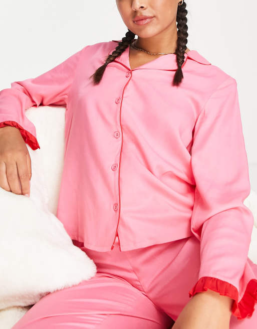 ASOS DESIGN mix & match modal pyjama shirt with contrast frill in pink & red, 2 of 4