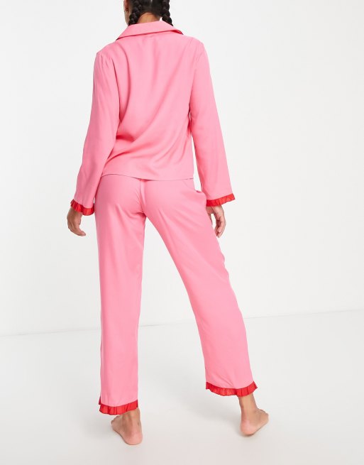 ASOS DESIGN mix & match modal pyjama shirt with contrast frill in pink & red, 3 of 4