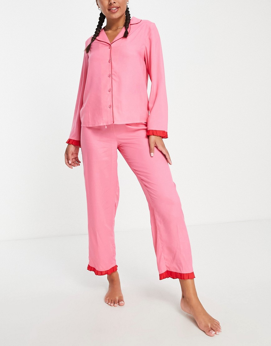 ASOS DESIGN mix & match modal pyjama trouser with contrast frill in pink & red