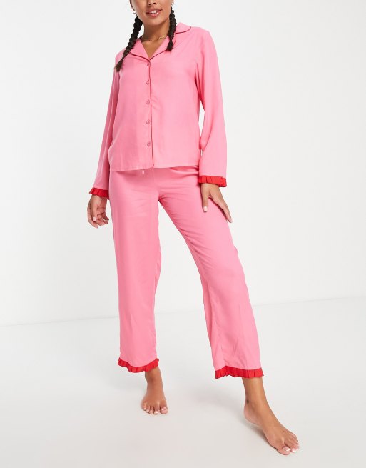 ASOS DESIGN mix & match modal pyjama trouser with contrast frill in pink &  red