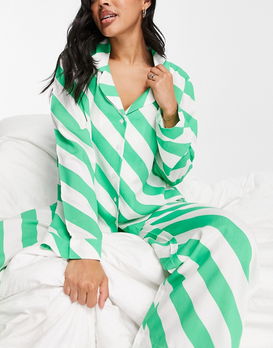 ASOS DESIGN mix & match modal stripe pajama shirt in green & white-Multi