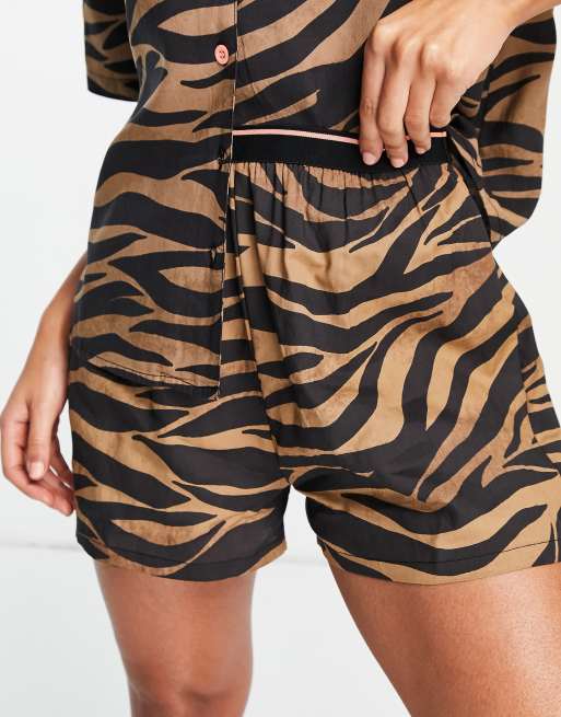 ASOS DESIGN mix & match modal zebra print pyjama boxer shorts with jacquard elastic waistband in brown