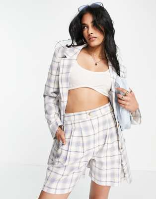 Shop Asos Design Mix & Match Mom Suit Short In Blue Check