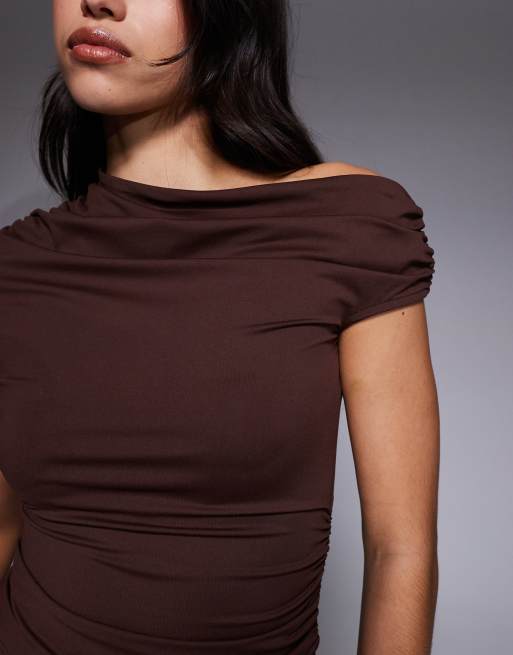 ASOS DESIGN mix & match off shoulder ruched detail top in brown, 2 of 4