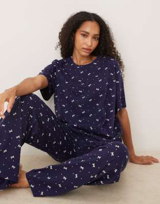 ASOS DESIGN - Mix & Match - Oversize-Pyjama-T-Shirt aus Baumwolle in Marineblau mit Schleifenprint-Grün