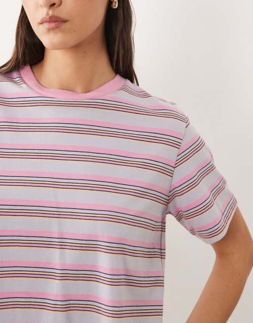 ASOS DESIGN mix & match oversized cotton pyjama tee with side splits in pink stripe, 3 of 4